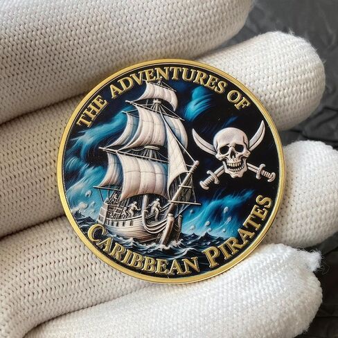 Pirate Challenge Coin - Caribbean Ocean Captain Adventure Souvenir - Gold Plated Commemorative Medal with Jolly Roger Skull & Sailing Ship - 3D Collectible Gift for Movie Fans in Saudi Arabia