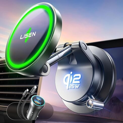 LISEN Qi2.2 25W Magsafe Car Mount Charger, [2026 Upgrade Bigger Suction Cup & Faster Charging Speed]360 Vacuum Suction Cup Phone Mount, Wireless Car Charger, 25W for iPhone 17 16 (Ios26),15W for 15-12 in Saudi Arabia