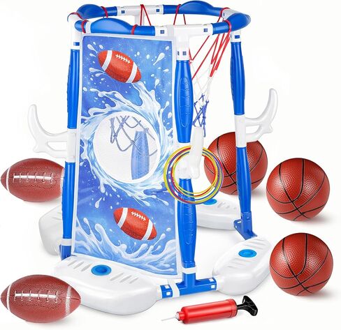 PJG Pool Basketball Hoop, 3-in-1 Floating Poolside Basketball Ring Game Football for Kids Ages 3-12, Outdoor Summer Swimming Pool Party Water Toy for Family Adults Boys Grils Birthday Gift (Blue) in Saudi Arabia