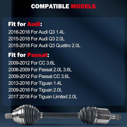 مجموعة عمود المحور CCIYU CV لسيارة Volkswagen Passat/CC/Tiguan/Tiguan Limited 2006-2018 ولسيارة Audi Q3 / Q3 Quattro 2015-2018 - جانب السائق الأيسر الأمامي، AWD/FWD، أوتوماتيكي - استبدال # NCV72109 in Kuwait