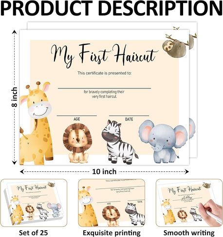 25 My First Haircut Certificates, Animal Award Certificates of Hair Salon, 8 x 10" First Hair Cut Award Paper for Baby Girl Boy Kids Toddlers, 1st Haircut Awards Milestone Marker Gifts -03 in Saudi Arabia