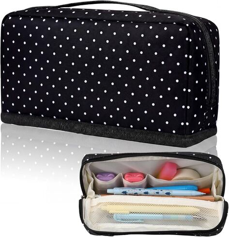Gueevin Large Capacity Pencil Case Polka Dot Pen Pouch with Multiple Compartments Foldable Portable Pencil Case Black White Stationery Organizer Bag for Adults (Black) in Kuwait
