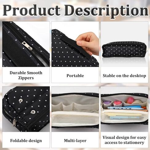 Gueevin Large Capacity Pencil Case Polka Dot Pen Pouch with Multiple Compartments Foldable Portable Pencil Case Black White Stationery Organizer Bag for Adults (Black) in Kuwait