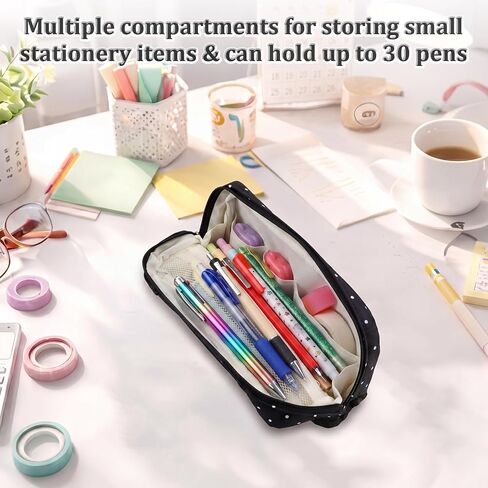 Gueevin Large Capacity Pencil Case Polka Dot Pen Pouch with Multiple Compartments Foldable Portable Pencil Case Black White Stationery Organizer Bag for Adults (Black) in Kuwait