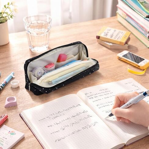 Gueevin Large Capacity Pencil Case Polka Dot Pen Pouch with Multiple Compartments Foldable Portable Pencil Case Black White Stationery Organizer Bag for Adults (Black) in Kuwait
