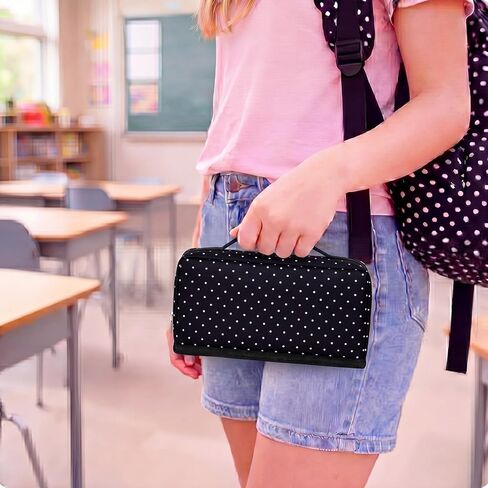 Gueevin Large Capacity Pencil Case Polka Dot Pen Pouch with Multiple Compartments Foldable Portable Pencil Case Black White Stationery Organizer Bag for Adults (Black) in Kuwait