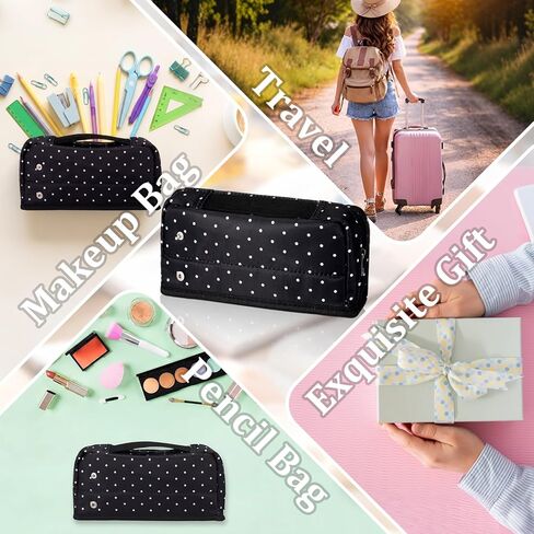 Gueevin Large Capacity Pencil Case Polka Dot Pen Pouch with Multiple Compartments Foldable Portable Pencil Case Black White Stationery Organizer Bag for Adults (Black) in Kuwait