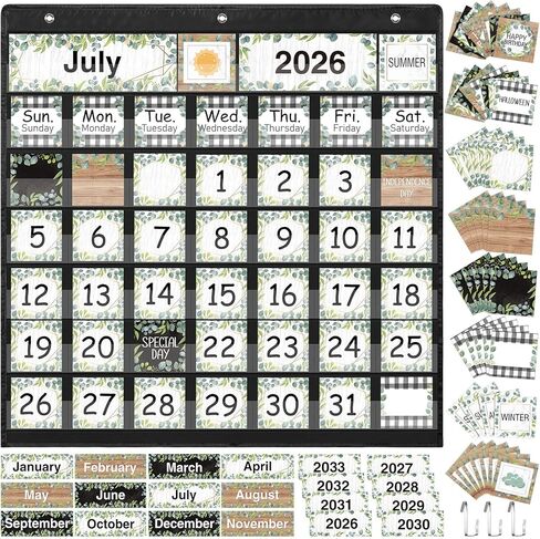 Fulmoon Eucalyptus Calendar Pocket Chart Set Greenery Classroom Decoration Calendar Bulletin Board Pocket Chart Seasons Festival Weather Calendar Pocket Chart for Back to School Classroom Supplies in Saudi Arabia