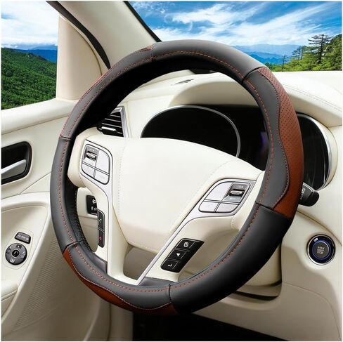 Car Steering Wheel Cover, 15 Inch Genuine Leather Breathable Anti-Slip Vehicle Steering Wheel Protector with Inner Ring, Auto Interior Protective Accessories, Universal Fit (Black) in Kuwait