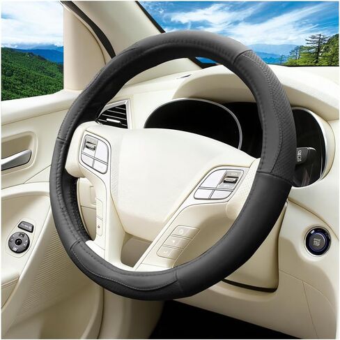 Car Steering Wheel Cover, 15 Inch Genuine Leather Breathable Anti-Slip Vehicle Steering Wheel Protector with Inner Ring, Auto Interior Protective Accessories, Universal Fit (Black) in Kuwait
