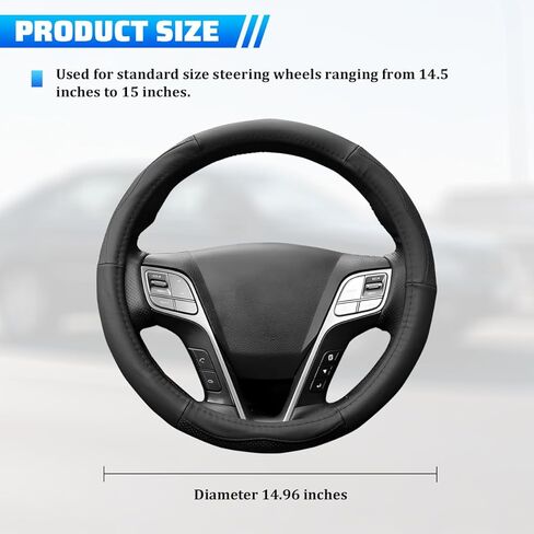 Car Steering Wheel Cover, 15 Inch Genuine Leather Breathable Anti-Slip Vehicle Steering Wheel Protector with Inner Ring, Auto Interior Protective Accessories, Universal Fit (Black) in Kuwait