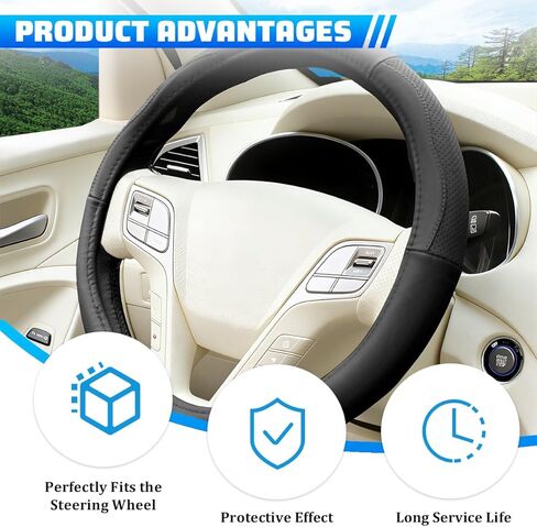 Car Steering Wheel Cover, 15 Inch Genuine Leather Breathable Anti-Slip Vehicle Steering Wheel Protector with Inner Ring, Auto Interior Protective Accessories, Universal Fit (Black) in Kuwait