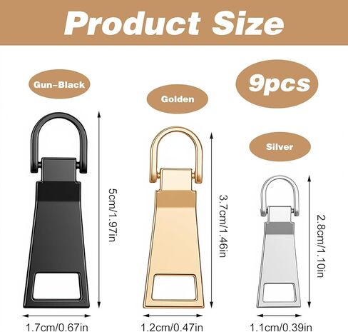 Nogeqi 9PCS Zipper Pull Replacement, Metal Zipper Tab Replacement Repair Kit for Luggage Suitcase Backpacks Jacket Sewing Notions and Supplies, Samll/Middle/Large (3 Colors) in Kuwait