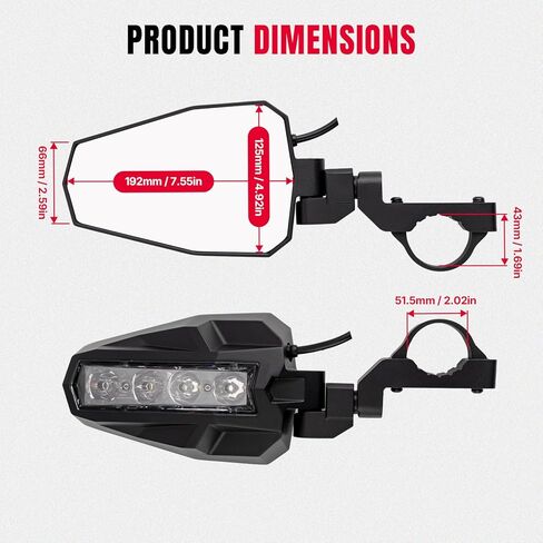 Oumurs UTV Side View Mirrors with LED Lights, Aluminum Rear View Mirror with 4 Modes Fits 1.75-2" Roll Bar for RZR Polaris XP Can-Am Maverick X3 Pioneer Teryx Mule Kawasaki in Saudi Arabia