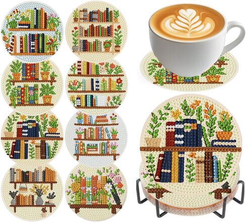 croshom Books Diamond Art Coasters Kits, 8 Pieces Books Diamond Painting Coasters with Holder, Books Coaster Diamonds Art Painting Kits for Adults, 5D DIY Wooden Coaster for Gift in Saudi Arabia
