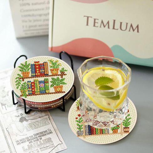 croshom Books Diamond Art Coasters Kits, 8 Pieces Books Diamond Painting Coasters with Holder, Books Coaster Diamonds Art Painting Kits for Adults, 5D DIY Wooden Coaster for Gift in Saudi Arabia