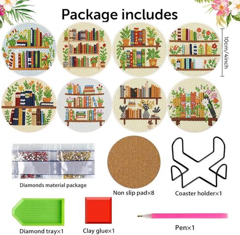 croshom Books Diamond Art Coasters Kits, 8 Pieces Books Diamond Painting Coasters with Holder, Books Coaster Diamonds Art Painting Kits for Adults, 5D DIY Wooden Coaster for Gift in Saudi Arabia