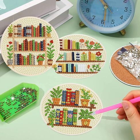 croshom Books Diamond Art Coasters Kits, 8 Pieces Books Diamond Painting Coasters with Holder, Books Coaster Diamonds Art Painting Kits for Adults, 5D DIY Wooden Coaster for Gift in Saudi Arabia