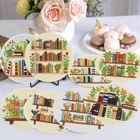 croshom Books Diamond Art Coasters Kits, 8 Pieces Books Diamond Painting Coasters with Holder, Books Coaster Diamonds Art Painting Kits for Adults, 5D DIY Wooden Coaster for Gift in Saudi Arabia