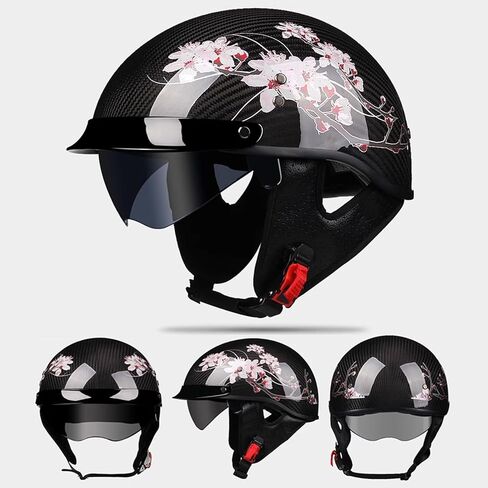 Carbon Fiber Retro Half Helmets, Adult Women Men German Vintage Motorcycle Open Face Helmet, for Bike Cruiser Chopper Moped Scooter, with UV Visor Goggles, DOT Approved in Saudi Arabia