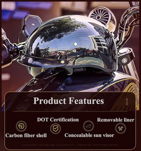 Carbon Fiber Retro Half Helmets, Adult Women Men German Vintage Motorcycle Open Face Helmet, for Bike Cruiser Chopper Moped Scooter, with UV Visor Goggles, DOT Approved in Saudi Arabia