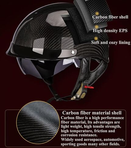 Carbon Fiber Retro Half Helmets, Adult Women Men German Vintage Motorcycle Open Face Helmet, for Bike Cruiser Chopper Moped Scooter, with UV Visor Goggles, DOT Approved in Saudi Arabia