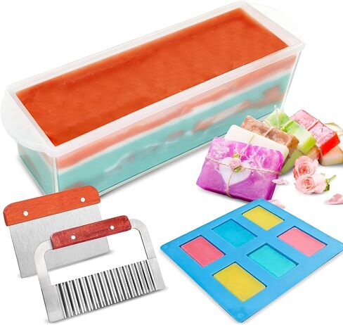 42oz Loaf Mold Soap Making Supplies Kit, Included Adjustable Wooden Cutting Box + Rectangular Loaf Mold with Wooden Box + Stainless Steel Wavy+Straight Cutter + Soap Warppers for DIY Soap Making in Kuwait