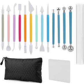 Clay Tools Kit, 16PCS Clay Sculpting Tools Kit with Rolling Pin & Storage Bag, Pottery Tool Can be Used for Stippling, Carving, Molding, and Shaping for Beginners, Hobbyists, Artists(COLOR:Muti-Color) in Saudi Arabia