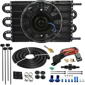 6 Row Pass Bolt-On Aluminum Automotive Engine Transmission Cooler Electric Fan 180'F Turn-On 6AN In-Hose End Fitting Thermostat Switch Sensor Relay Wiring Kit Light Duty Car Truck Towing in Saudi Arabia
