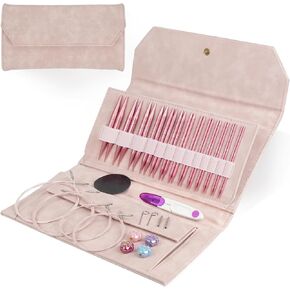 TRILVIX Circular Knitting Needles Set, 13 Pairs Interchangeable Knitting Needles 3mm-10mm with 4 Cables, Accessories & Pink Storage Bag, 4 Inch Aluminum Knitting Needles US Size 2~15 in Saudi Arabia