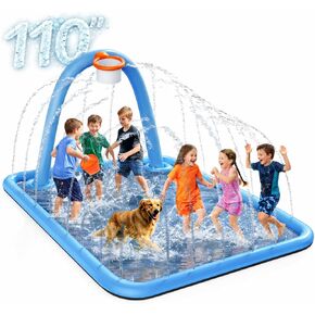 Splash Pad for Kids & Dogs, 110'' Large Sprinkler Pad Water Toys with Basketball Hoop, Thickened Non-Slip Splash Mat, Foldable Play Pool & Outdoor Summer Toys Ages 4-12 (110" Splash Pad) in Saudi Arabia