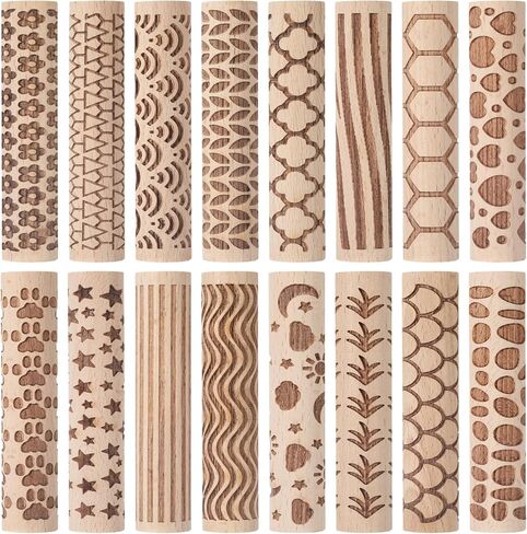 Conderyang 16Pcs Wooden Clay Texture Roller Set Clay Modeling Pattern Rollers Wooden Texture Rollers Wood Pottery Tools Pottery Tool Set for Artists Art Creation Ceramic DIY, 4In x 0.6In（Style 1) in Saudi Arabia