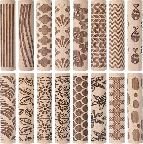Conderyang 16Pcs Wooden Clay Texture Roller Set Clay Modeling Pattern Rollers Wooden Texture Rollers Wood Pottery Tools Pottery Tool Set for Artists Art Creation Ceramic DIY, 4In x 0.6In（Style 1) in Saudi Arabia