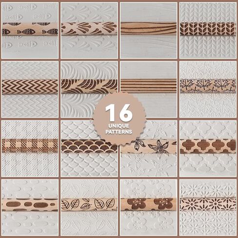 Conderyang 16Pcs Wooden Clay Texture Roller Set Clay Modeling Pattern Rollers Wooden Texture Rollers Wood Pottery Tools Pottery Tool Set for Artists Art Creation Ceramic DIY, 4In x 0.6In（Style 1) in Saudi Arabia