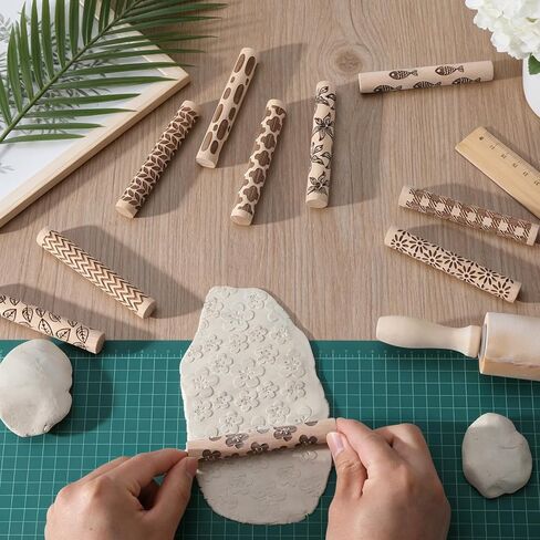 Conderyang 16Pcs Wooden Clay Texture Roller Set Clay Modeling Pattern Rollers Wooden Texture Rollers Wood Pottery Tools Pottery Tool Set for Artists Art Creation Ceramic DIY, 4In x 0.6In（Style 1) in Saudi Arabia