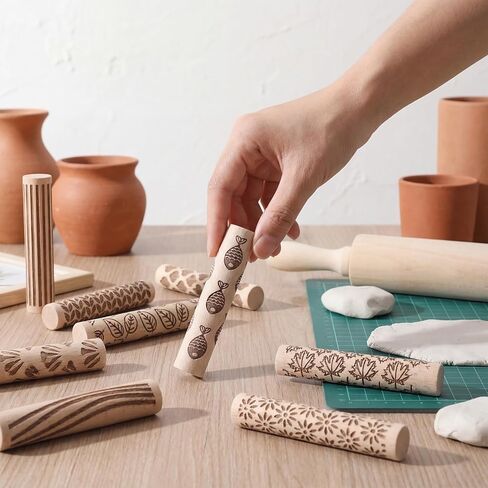 Conderyang 16Pcs Wooden Clay Texture Roller Set Clay Modeling Pattern Rollers Wooden Texture Rollers Wood Pottery Tools Pottery Tool Set for Artists Art Creation Ceramic DIY, 4In x 0.6In（Style 1) in Saudi Arabia