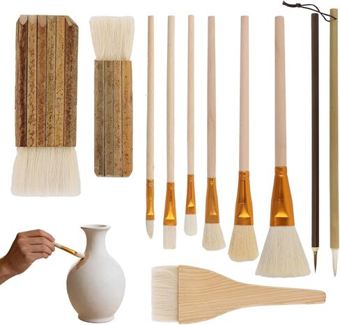 11pcs Pottery Brushes for Glazing, Soft Wool Bristle Blending Brush Set, Artist Painting Ceramic Brush for Pottery,Watercolor,Oil,Gouche Painting(Color:Wood+Gold) in Saudi Arabia