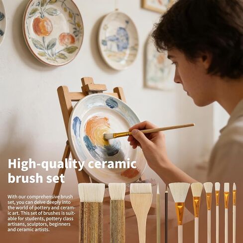 11pcs Pottery Brushes for Glazing, Soft Wool Bristle Blending Brush Set, Artist Painting Ceramic Brush for Pottery,Watercolor,Oil,Gouche Painting(Color:Wood+Gold) in Saudi Arabia