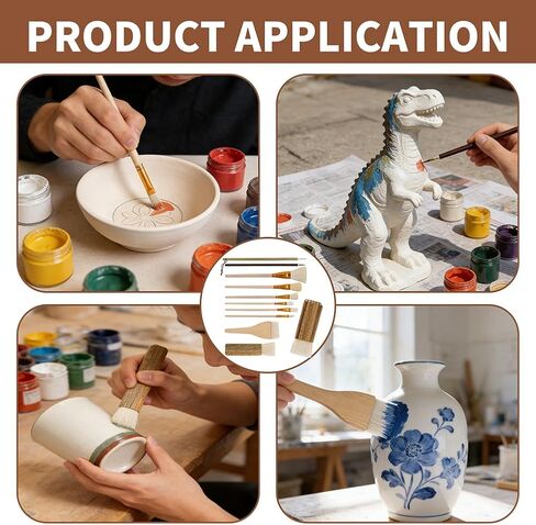 11pcs Pottery Brushes for Glazing, Soft Wool Bristle Blending Brush Set, Artist Painting Ceramic Brush for Pottery,Watercolor,Oil,Gouche Painting(Color:Wood+Gold) in Saudi Arabia