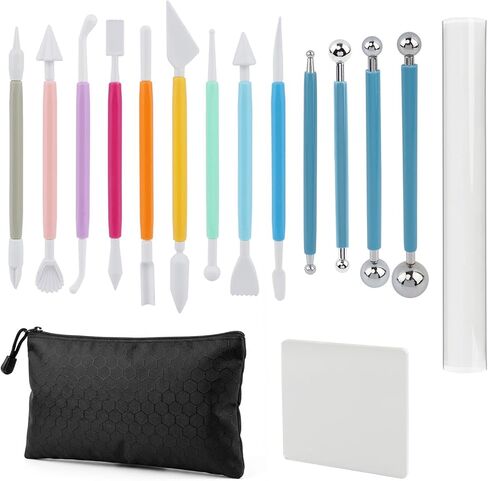 Clay Tools Kit, 16PCS Clay Sculpting Tools Kit with Rolling Pin & Storage Bag, Pottery Tool Can be Used for Stippling, Carving, Molding, and Shaping for Beginners, Hobbyists, Artists(COLOR:Muti-Color) in Saudi Arabia