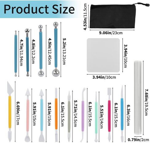 Clay Tools Kit, 16PCS Clay Sculpting Tools Kit with Rolling Pin & Storage Bag, Pottery Tool Can be Used for Stippling, Carving, Molding, and Shaping for Beginners, Hobbyists, Artists(COLOR:Muti-Color) in Saudi Arabia