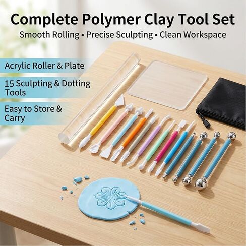 Clay Tools Kit, 16PCS Clay Sculpting Tools Kit with Rolling Pin & Storage Bag, Pottery Tool Can be Used for Stippling, Carving, Molding, and Shaping for Beginners, Hobbyists, Artists(COLOR:Muti-Color) in Saudi Arabia