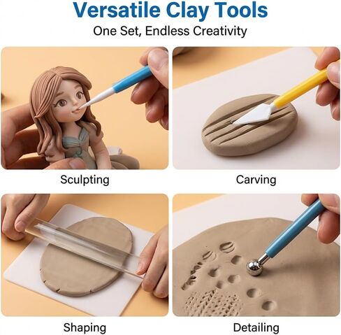 Clay Tools Kit, 16PCS Clay Sculpting Tools Kit with Rolling Pin & Storage Bag, Pottery Tool Can be Used for Stippling, Carving, Molding, and Shaping for Beginners, Hobbyists, Artists(COLOR:Muti-Color) in Saudi Arabia