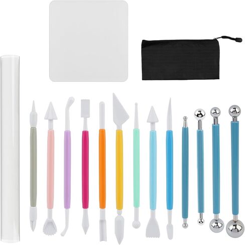 Clay Tools Kit, 16PCS Clay Sculpting Tools Kit with Rolling Pin & Storage Bag, Pottery Tool Can be Used for Stippling, Carving, Molding, and Shaping for Beginners, Hobbyists, Artists(COLOR:Muti-Color) in Saudi Arabia