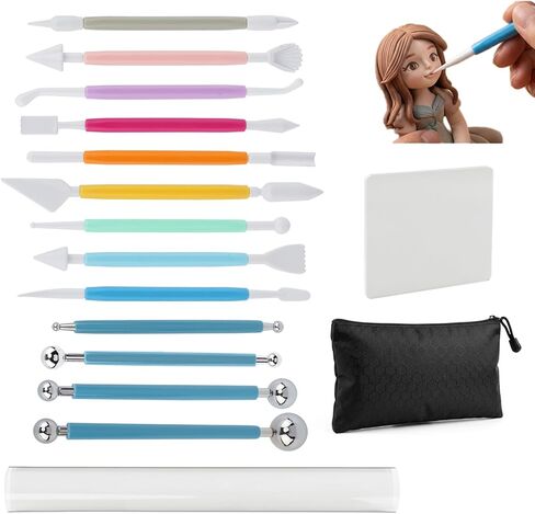 Clay Tools Kit, 16PCS Clay Sculpting Tools Kit with Rolling Pin & Storage Bag, Pottery Tool Can be Used for Stippling, Carving, Molding, and Shaping for Beginners, Hobbyists, Artists(COLOR:Muti-Color) in Saudi Arabia
