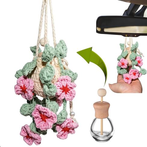 معطر هواء للسيارة من الكروشيه، زجاجة موزع زيت فارغة قابلة لإعادة الملء سعة 15 مل مع نبات معلق على شكل زهر الكرز من الكروشيه لإكسسوارات السيارات، نبات كروشيه لديكور مرآة الرؤية الخلفية، ديكور المنزل والمكتب in Kuwait