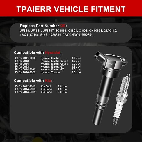 UF651 & 9686 Ignition Coil Pack and Iridium Spark Plugs Set of 4 Automotive Compatible with Hyundai Elantra Tucson/Kia Soul Forte 2011 2012 2013 2014 2015 2016 2017 2018 1.8L 2.0L L4 C1804 in Saudi Arabia