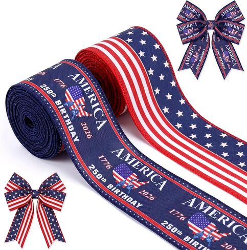 2 Roll 20 Yard 250th Anniversary Patriotic Day Ribbon 4th of July Wreath Ribbon Star and Striped Wired USA Ribbon for Independence Day DIY Craft Party Decor in Saudi Arabia