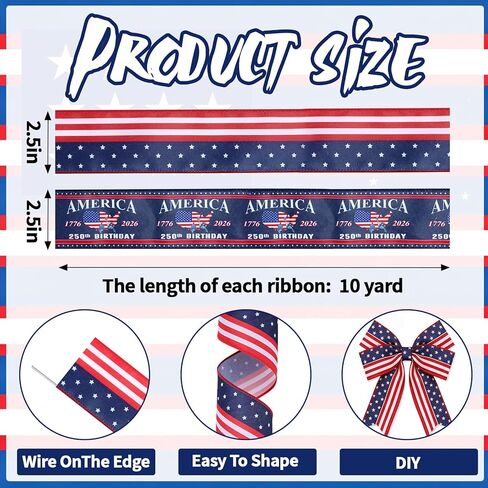 2 Roll 20 Yard 250th Anniversary Patriotic Day Ribbon 4th of July Wreath Ribbon Star and Striped Wired USA Ribbon for Independence Day DIY Craft Party Decor in Saudi Arabia