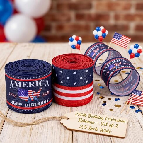 2 Roll 20 Yard 250th Anniversary Patriotic Day Ribbon 4th of July Wreath Ribbon Star and Striped Wired USA Ribbon for Independence Day DIY Craft Party Decor in Saudi Arabia